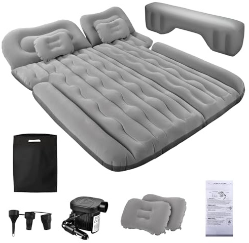 FORMIZON Matelas Gonflable de Voiture, Lit Gonflable pour Siège Arrière, Matelas Pneumatique SUV avec Pompe à Air et Oreillers pour Voyage, Camping, Activités de Plein Air (Gris)
