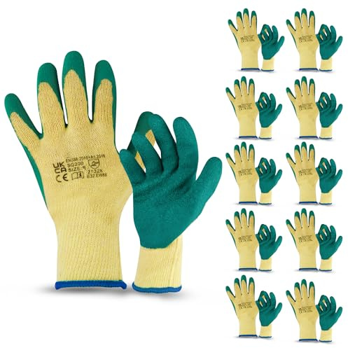 Navoys 12 Pairs Safety Work Garden Gloves - Size 9/10 Green Latex Coated Finish, Abrasion Resistant, Heavy Duty, Builders, Working, Gardening, Non-Slip, PU Coated, Lightweight, Breathable Protective