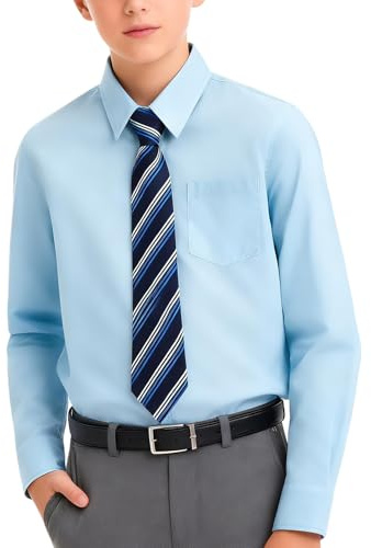 mintgreen Chemises Garçons, Tenue Scolaire Formelle en Coton à Manches Longues Unies avec Cravate, Bleu Clair, 11-12 Ans, 12
