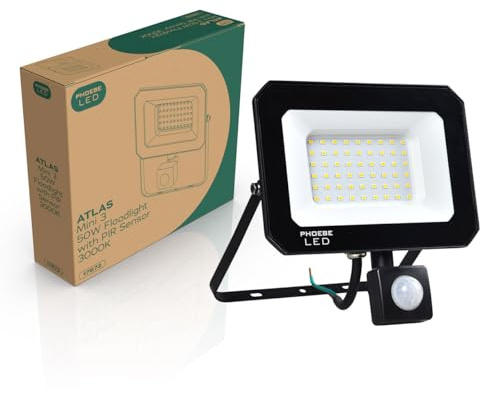 Phoebe LED Floodlight 50W Atlas-Mini PIR Sensor Warm White IP65 Black