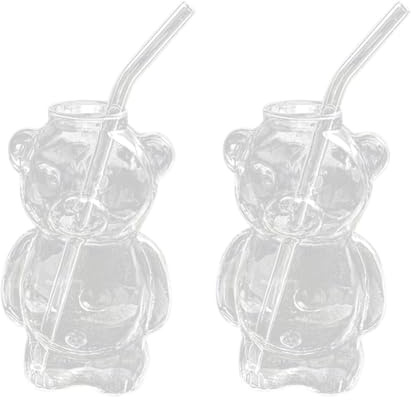 Fegtrtyoa 2-Teiliges Bärenbecher-Online-Becherset für Promi-Restaurants, Kaffeetasse, Süßer Cartoon-Glas-Wasserbecher mit Strohhalm, Familienset