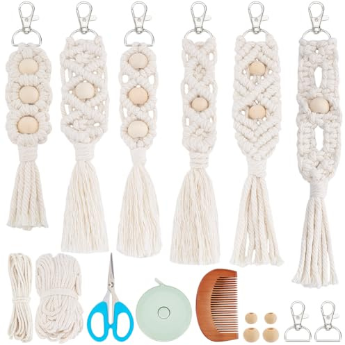 INFUNLY 6 Stück DIY Makramee Schlüsselanhänger Set Mit Holzperlen Boho Schlüsselanhänger Bastelset Für Anfänger Mit Anleitung DIY Bastelprojekte Schlüsselring Knotenset Für Autoschlüssel Handy