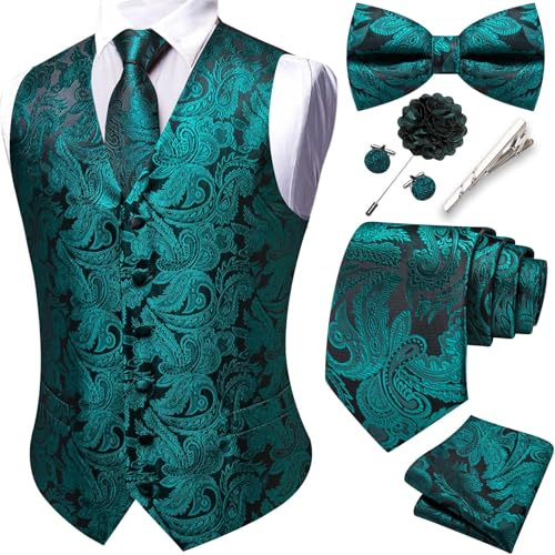 Barry.Wang Herren-Paisley-Weste, formelle Anzugwesten, Krawatte, Fliege, Set, Jacquard-Clip, Einstecktuch, Manschettenknöpfe, Anstecknadel, Hochzeit, 8 Stück