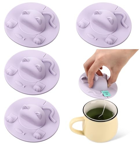 Ferrochef 4 Pcs Tea Bag Squeezer 4 Inch Silicone Tea Bag Holder & Squeezer Dishwasher Safe Purple Cute Cat-shaped Cup Silicone Lids Warm Cover Supplies