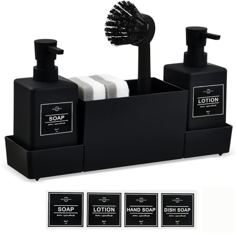 Spülmittelspender Küche Set, Spülbecken Organizer Schwarz mit Bürste und Schwammhalter, 350ml Seifenspender, Küchen Organizer aus Kunststoff, Spülseifenspender mit Abtropfschale und Reinigungsbürste