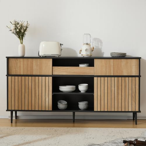 muenfly Commode de chambre à coucher avec 4 portes coulissantes et tiroir, buffet de maison de campagne, en chêne noir, 160 cm, armoire de rangement pour vêtements, convient également comme armoire de
