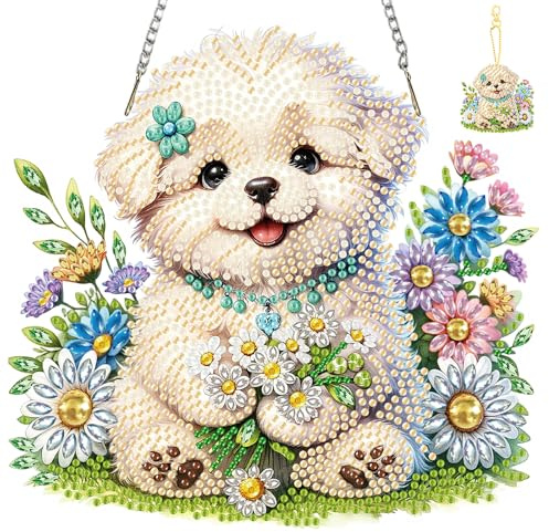 TLIOBLO Hund Diamond Painting Fensterbilder mit Kette Erwachsene, Welp Diamant Painting Anhänger und Schlüsselanhänger Hängende Ornament Bastelset Diamant Kunst Set für Wand Eingang Decor
