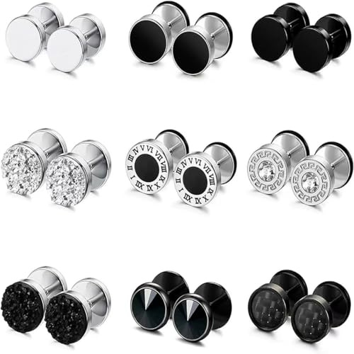 9 Paar Ohrringe Männer, 8MM Edelstahl Silber Schwarz Ohrringe Herren Set