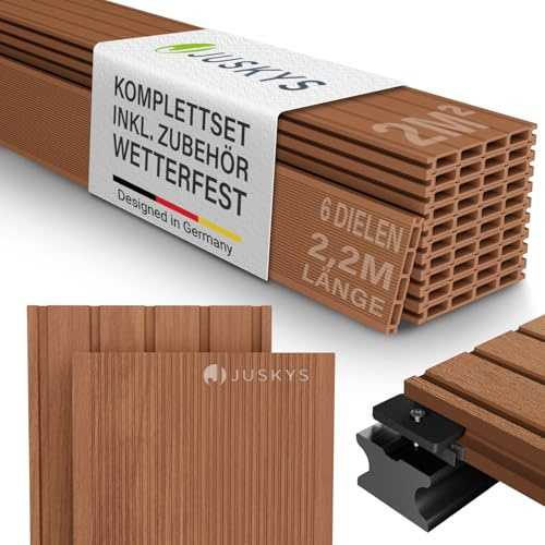 Juskys WPC Terrassendielen 2 m² – 220 cm Dielen, wetterfest & pflegeleicht, inkl. Unterkonstruktion, Clips & Schrauben, rutschfest für Terrasse & Balkon – Teak