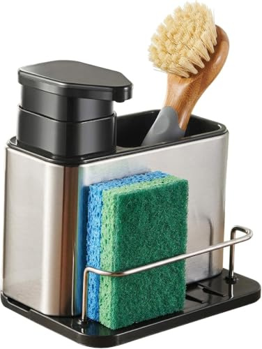 Organizador de Fregadero con Dispensador de Jabón, Soporte para Estropajo, Acero Inoxidable, Drenaje Automático