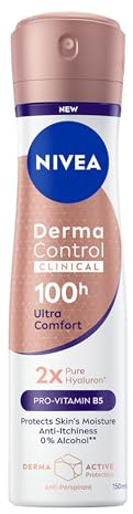 NIVEA Deodorante Spray Derma Control Clinical Ultra Comfort 150 ml, Deodorante donna antitraspirante per una protezione 100h, 2x Acido Ialuronico e Pro-Vitamina B5, Senza alcool, Profumo di rosa