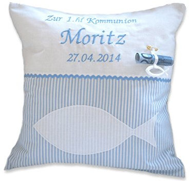 Glückspilz Namenskissen Kommunion I Kissen mit Namen personalisiert I Geldgeschenk I Motive (Fisch Hellblau 35 x 35)