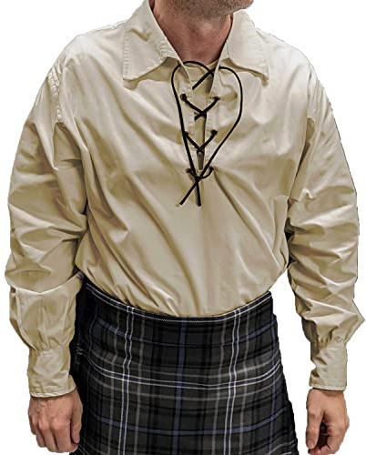 Camicia a maniche lunghe da uomo, Jacobite Ghillie Camicia per kilt, con cravatta in pelle, Crema, XL