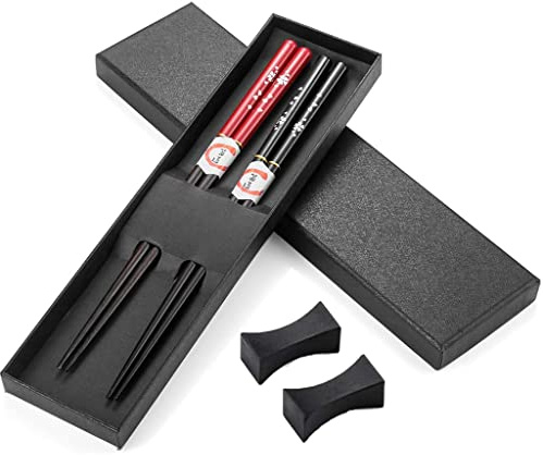 Hopewey 2 Paar Set Essstäbchen Japanische Natur Chopsticks aus umweltfreundlichem hölzernen in edler Schatulle Geschenkbox (Schwarzes Rot - Pflaumenblüte)
