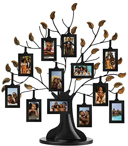 Americanflat Árbol genealógico de bronce con 12 marcos de fotos colgantes de 2 x 3 pulgadas en negro y borlas de cinta ajustables, 22 pulgadas