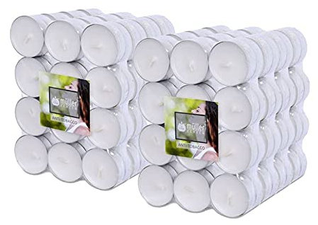 Müller 192 Duft Teelichter – Anti-Tabak – 4 Stunden Brenndauer – Ø39 mm – Farbe Weiß – Premium Anti-Tobacco Duftkerzen – Gegossenes Wachs – RAL Qualität