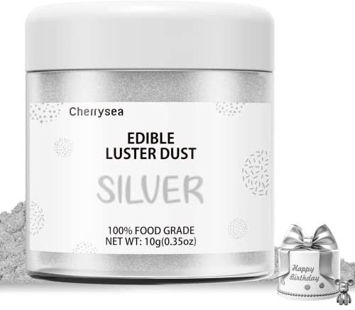 Silver Edible Luster Dust 10 Grams, Food Grade Cake Luster Dust Tasteless Dessert Dusting Powders for Baking Cherrysea Food Coloring Powder for Cupcakes, Cake Pops,Fondant,Chocolate, Candy