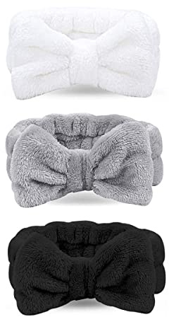 DDSHUN 3 Stück Makeup Haarband Bowknot Haarbänder Stirnband Stirnbänder Bogen Haarwickel Handtuch Korallen Samt für Yoga Spa Sport Gesichtpflege Haarband, elastisch Haarband (weiß, grau, schwarz)