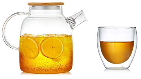 Muteiki Brocca D'Acqua, 1,6 Litri Di Acqua Fresca Set Brocca in Vetro Resistente Al Calore Jug Di Capacità Jug Jug Home Jug Brocca per Tè per il Succo, Bevande Calde o Calde/Clear-D/13X18X8.5Cm