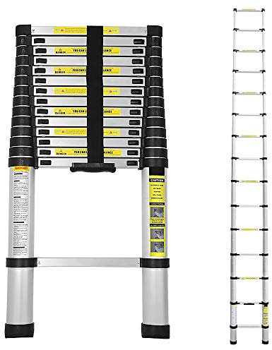 Eulenke Teleskopstege i aluminium, 4,4 m, utdragbar stege, halkfri aluminiumstege, stående stege, multifunktionsstege, utdragbar aluminiumstege, teleskop, utdragbar stege, 150 kg lastkapacitet