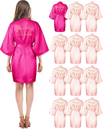Hicarer 12 batas de satén para fiesta de cumpleaños para mujer, con purpurina dorada, estilo kimono, sedoso, batas de baño de satén, rojo rosa, rosa, M
