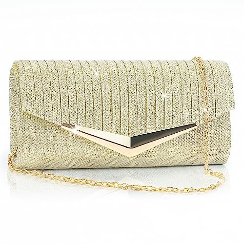 Larcenciel Pochettes et Clutches Femme, Sac de Soirée à Paillettes Plissés avec Chaîne, Sacs à Main à Bandoulière Enveloppe Brillant Chic pour Fêtes, Mariages, Vacances et Occasions Spéciales (Or)
