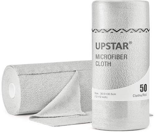 UPSTAR Microfiber Cleaning Cloth, Reusable Paper Towels Rolls, Cleaning Rags for Cleaning Kitchen, Bathroom, Car, 12x12 inch, 50 Packs/Roll, Grey