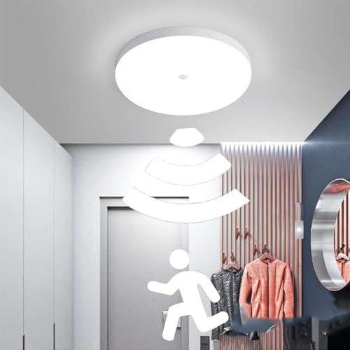 LED Deckenlampe mit Bewegungsmelder, Deckenleuchte 20w Kaltweiß 6000k rund, Sensor Wandlampe LED für flur Garage Treppenhaus Balkon Küche Badezimmer Keller Abstellraum Carport, Quadrat (rund（20W）)