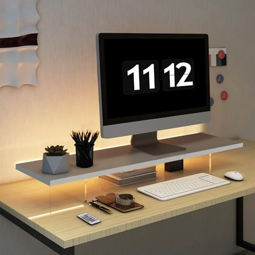 LA QUEENIE Monitorständer, Holz und Acryl, Computer-Monitorständer mit LED-Licht, Schreibtischzubehör, Schreibtisch-Organizer, Ständer für Computer, Laptop, Drucker, PC und TV-Bildschirm-Erhöhung