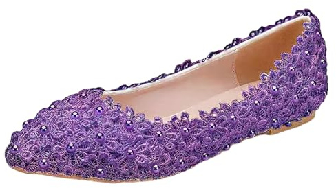 Jamron Femme Élégant Bout Pointu Fleur Dentelle Perle Chaussures de Mariée Escarpins Semelle Souple Ballerines