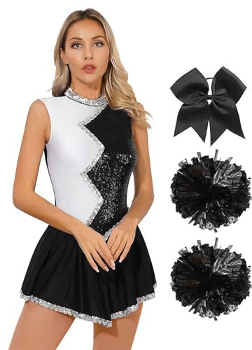 TTAO Damen Cheer Leader Kostüm Set Mit Pom Tanzkostüm Set Cheerleading Uniform Halloween Tanzkleidungset Festlich Karneval Faschings