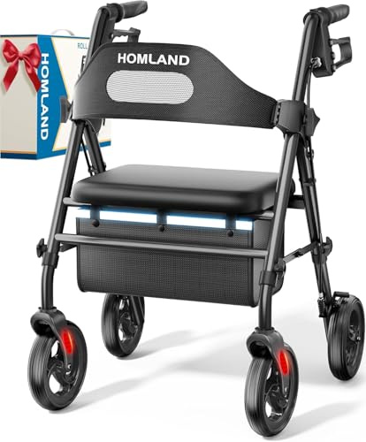 HOMLAND Foldable Rollator Walkers with Seat for Seniors, 8'' Big Wheels, 350 lb. Weight Capacity, Adjustable Handles and Seat Height, Lightweight Rolling Walker, Black