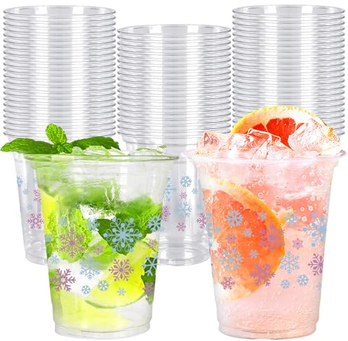Whaline 50 bicchieri usa e getta da 350 ml, in plastica trasparente, con fiocco di neve, per Natale, inverno, caffè, succhi di frutta, bevande, paese delle meraviglie