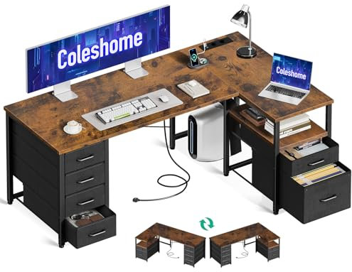Coleshome Schreibtisch mit Stoff Schubladen, Umkehrbarer Schreibtisch L Form mit Aktenschublade, Eckschreibtisch mit USB-Ladeanschluss und Steckdose, Home Office Schreibtische (Braun, 140x70cm)