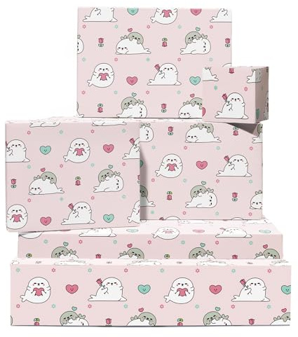 Papel de regalo rosa - Papel de regalo de aniversario - 6 hojas de papel de regalo para hombre mujer - Amor de foca kawaii perezoso - Flor, Corazón - Para el día de San Valentín - Por Central 23