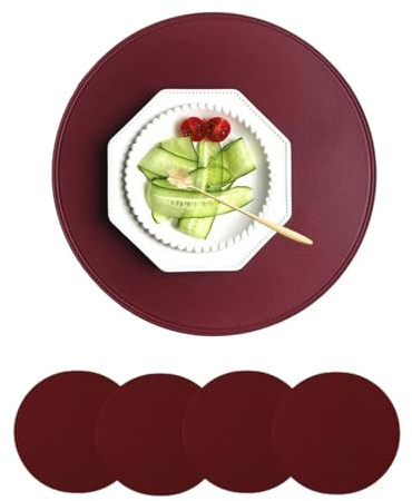 Set di tovagliette rotonde in ecopelle, tovagliette rotonde in stile vintage per tavolo da pranzo, spesse, lavabili e impermeabili, resistenti al calore, per cucina, tavolo da pranzo (red, 4pcs)