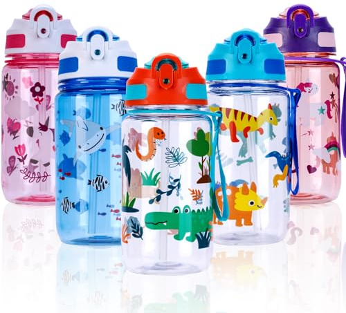 SUPPRUI Vattenflaska med sugrör och handtag, 600 ml läckagesäker BPA-fri sportflaska för skola, utomhus (orange-zoo)
