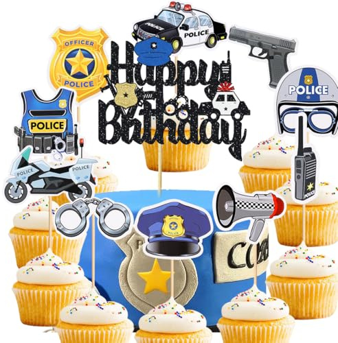 Polizei Cupcake Toppers,Polizist Handpistole und Handschellen Kuchen Deko Polizeiwagen Polizei Emblem Tortendeko für Polizei Thema Kinder Geburtstag Party Torten Dekoration