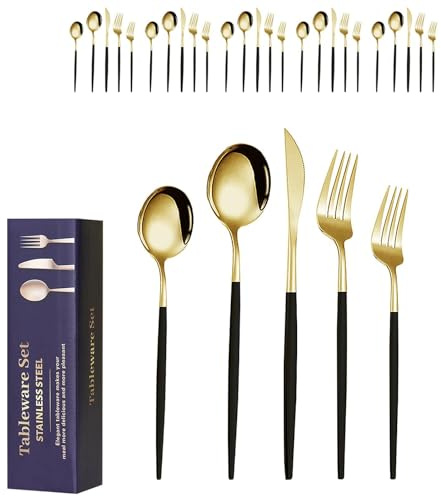 30-Piece Black and Gold Cutlery Set for 6 People – Stainless Steel Knives and Forks Set, Modern Black Cutlery Sets, Dishwasher Safe Tableware