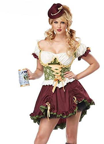 Sexy Dirndl Mini Damen Schulterfreies Off Shoulder Trachtenkleid Damen Kurz mit Trachtenhut Modern Rot Dirndlkleid Frauen Elegant Trachtenmode Dirndelkleider für Oktoberfest Besondere Anlässe