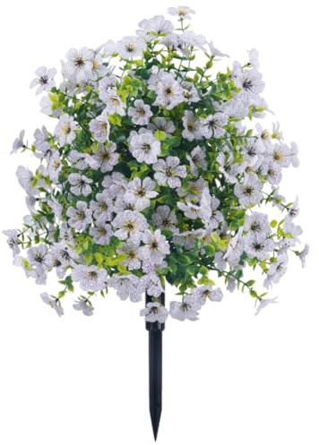 JOYWU 60cm Artificial Boxwood Topiary Ball Trees with Violet Flowers,UV Resistant Faux Plants Outdoor with Ground Spike,Lifelike Fake Shrubs Bushes for Porch Front Garden Home Decor (1, White)