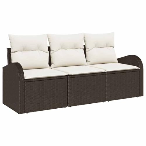 vidaXL 3-teiliges Gartensofa-Set mit Kissen aus braunem Poly-Rattan – modulare Gartenmöbel für bequemen Sitzkomfort, verstellbare Füße, Sitzgruppe für Terrasse, Lounge und Patio.