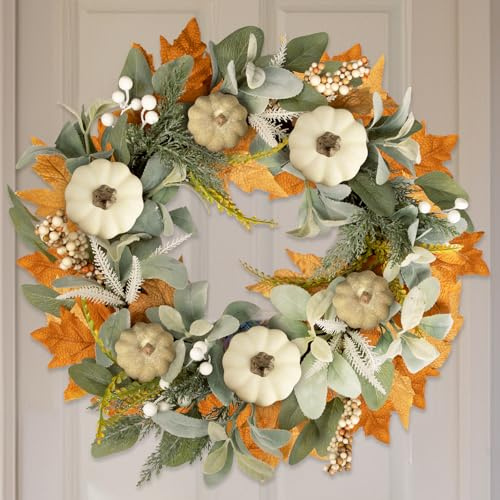 Benjia Fall Wreaths Front Door Decor, Hellow fall Autumn White Pumpkin Harvest Thanksgiving Wreath Reef Outside Outdoor Indoor Farmhouse Home Door Decorations 18 inch /45cm