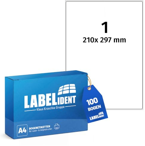 Labelident Laser-Etiketten 210 x 297 mm, 1 Etiketten pro A4-Bogen, 100 Etiketten (100 DIN A4 Bögen) selbstklebend, DIN A4 Adressaufkleber, Universal-Etiketten für Laser- & Inkjetdrucker