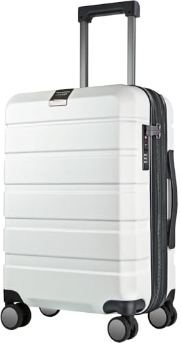 KROSER Handgepäck Koffer 55x40x20 - Leicht, Hartschale, Reisekoffer Trolley mit 4 Rädern & Integriertes TSA-Schloss, Robuster Trolley-Koffer mit USB-Anschluss, 20-Zoll-Handgepäck, Weiß