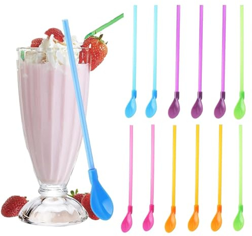 12 Pcs Slush Straws, Colored Straw Spoon 2 in 1, Colored Straw Spoon Reusable Detachable Straws Drinking Plas-ti, for Boba, Milkshakes, Cocktails, and Parties