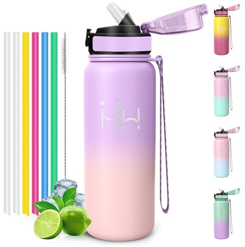 Motswedi Botella Térmica 750 ml, Botella agua Acero Inoxidable, para Bebidas Calientes y Frías, Cantimplora, con Pajita, Garrafa Termica, para Bicicleta, Gimnasio, Camping, Morado claro & rosa claro