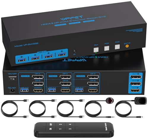 CMSTEDCD 8K60Hz HDMI+Displayport KVM Switch 3 PC 3 Monitore USB3.0 4K144Hz KVM Umschalter für Triple Computer Teilen Drei Monitor und Vier Peripheriegeräte mit Remote Control und 3xUSB-Cable