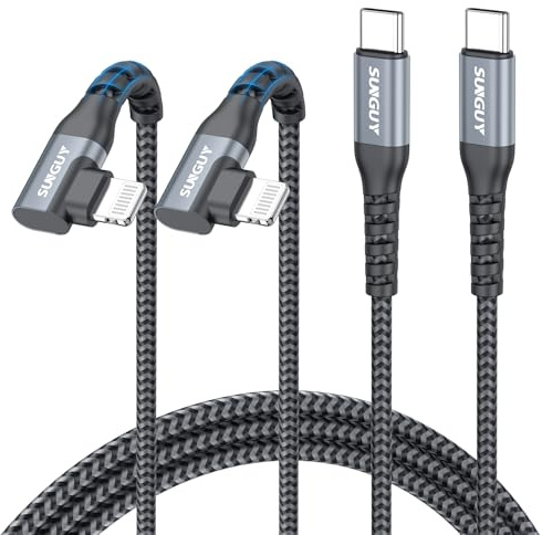 SUNGUY Winkel USB-C auf Lightning Kabel 1.5M [2Stück], 90 Grad Lightning Kabel USB C Schnellladekabel geflochten für iPhone 14/13/12/11 Pro Max Mini X XS XR Plus SE | USB-C-auf-Lightning-Schnellladekabel mit geflochtenem Oberkabel für iPhone 14/13/12/11 Pro Max Mini, X XS XR Plus SE