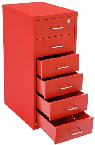 Cutycaty Mobiler Aktenschrank mit 6 Schubladen, Rollcontainer mit Rollen, Schubladenschrank Büroschrank Bürocontainer aus Metall, Aufbewahrungsschrank für Zuhause und Büro (Rot)